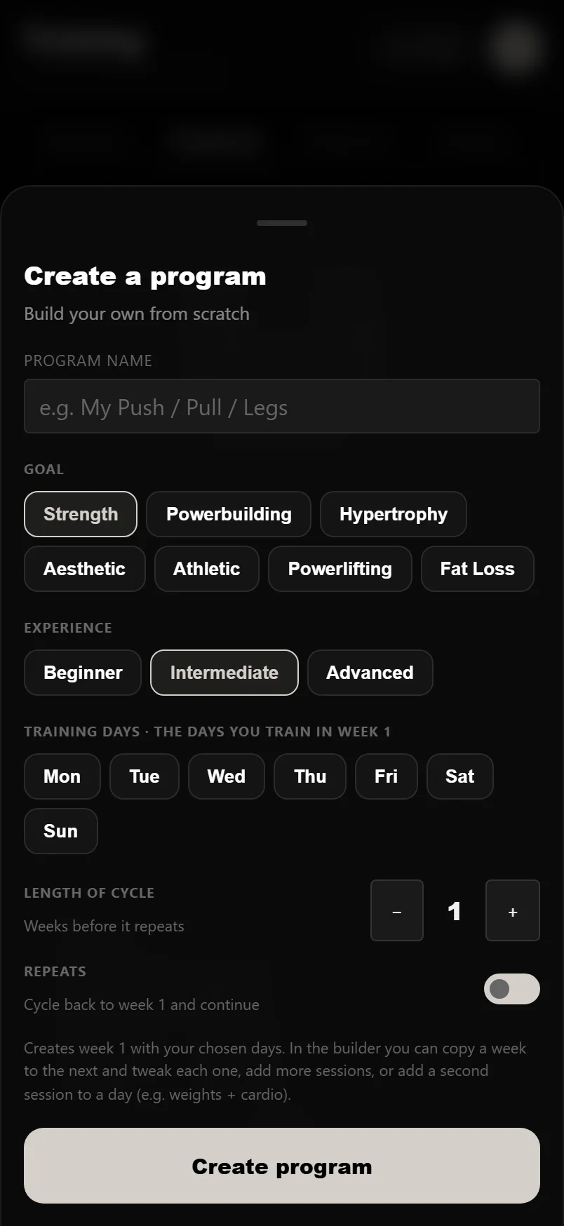 The Create a program sheet in DropSet, with a name field and chips for goal, experience and training days