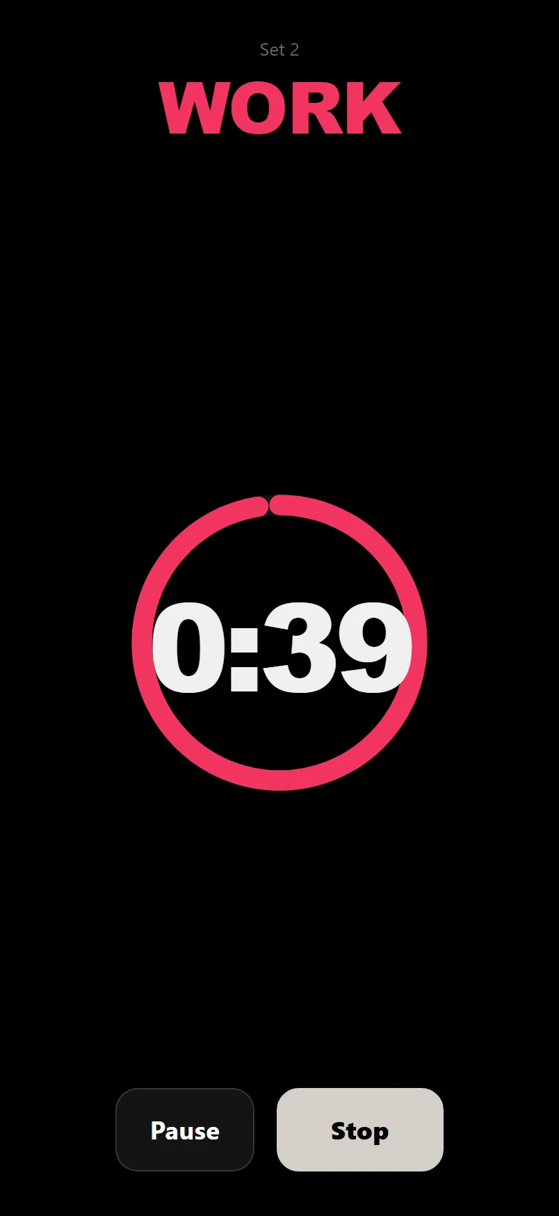 A HIIT interval mid-countdown in the DropSet logger with the red work ring and round counter