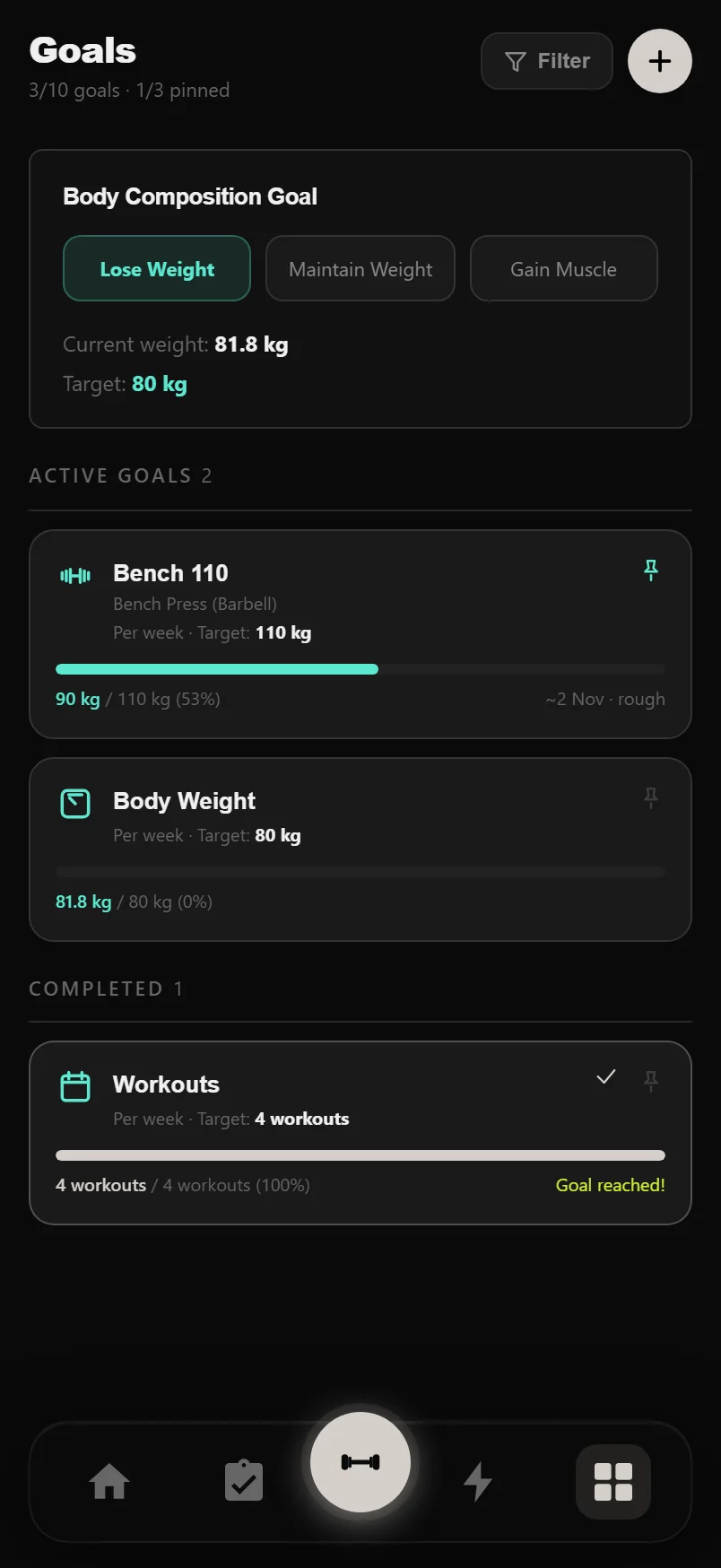 DropSet goal card showing a strength goal's progress bar and projected completion date