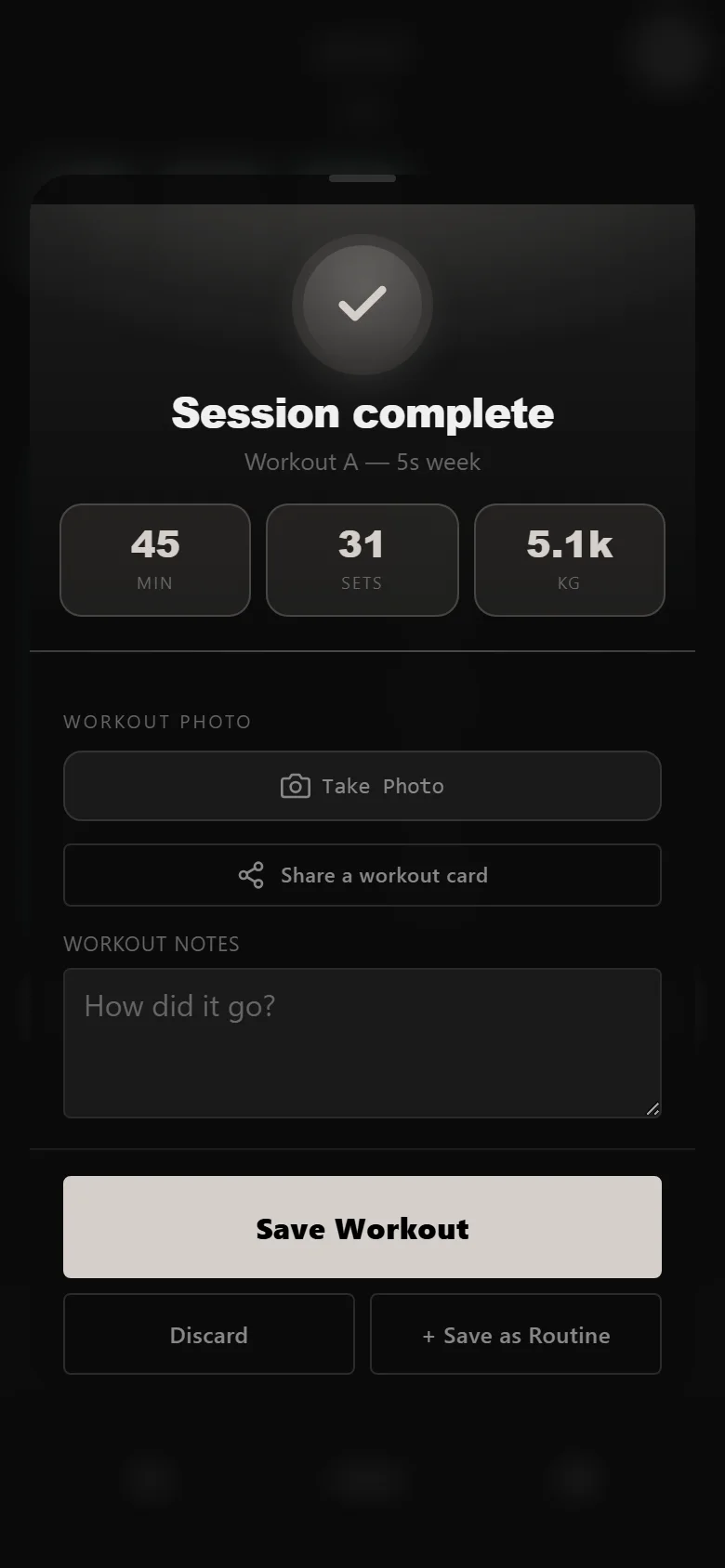 DropSet session-complete screen showing duration, total sets and total volume
