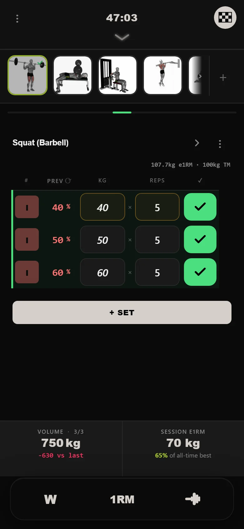 DropSet logger on Squat during the 5/3/1 deload week
