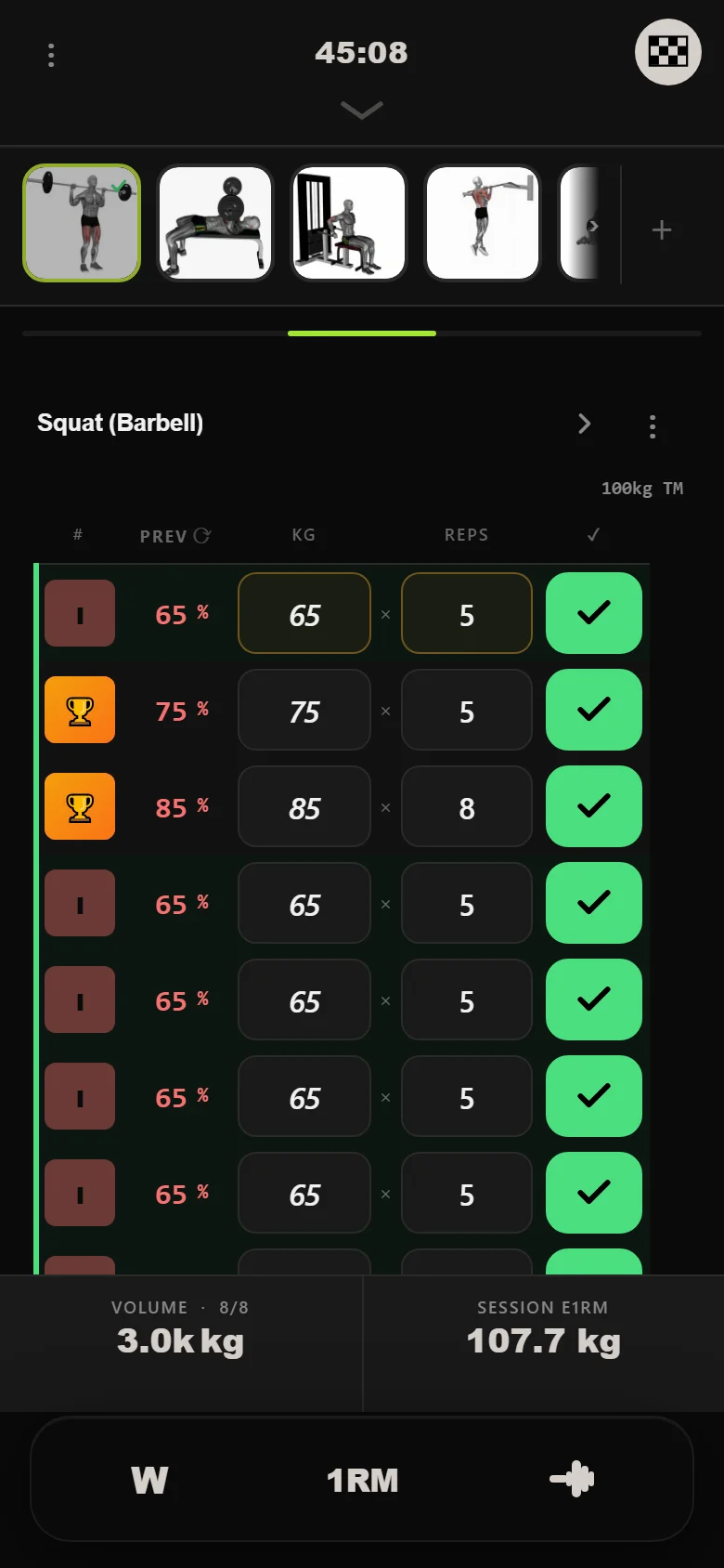 DropSet logger — cycle 1 week 1 squat, top set 85 kg