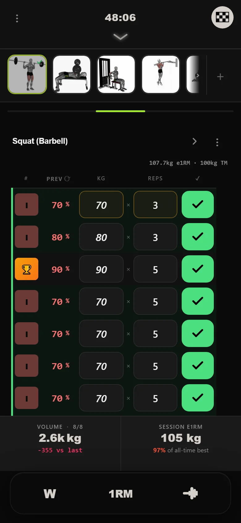 DropSet logger on Squat in week 2 of 5/3/1