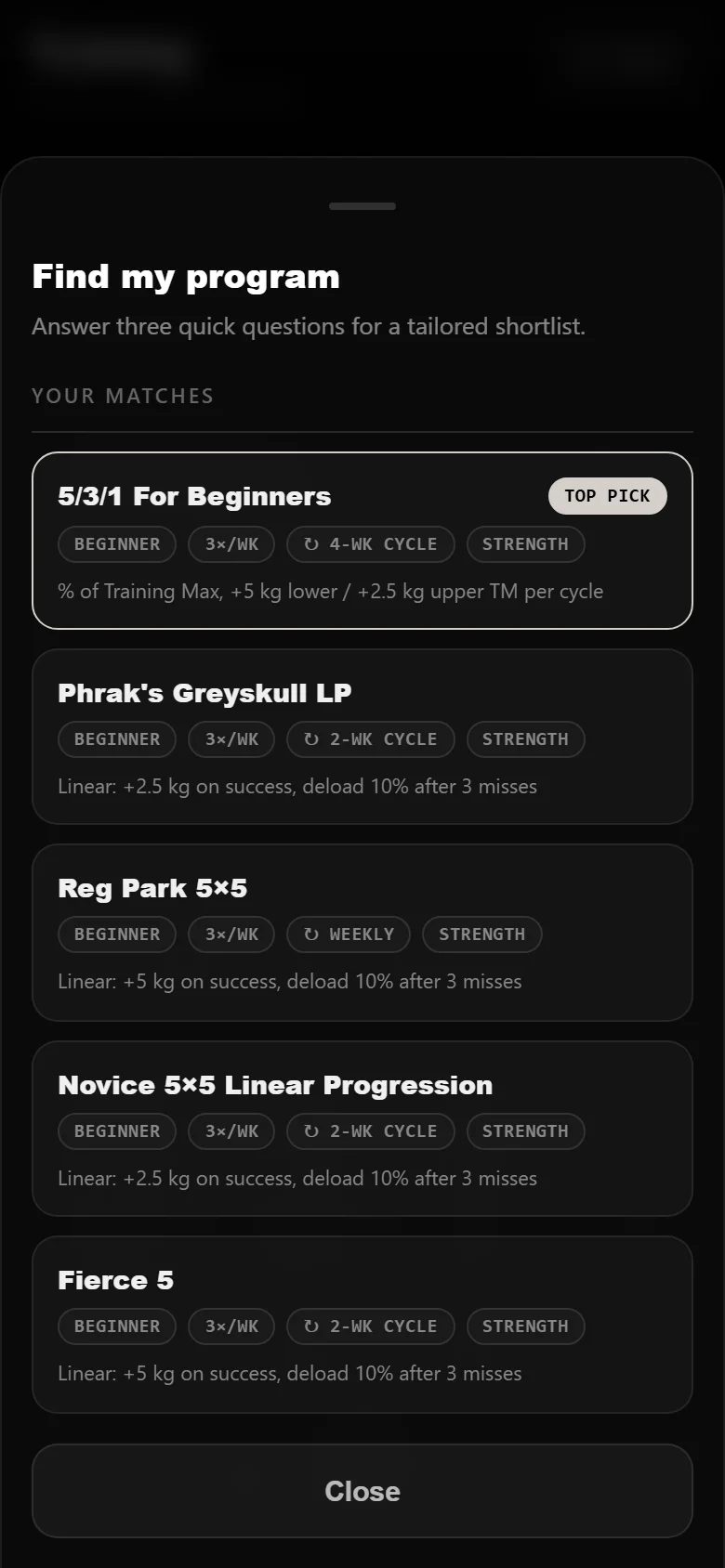 DropSet finder results with 5/3/1 For Beginners as the top pick