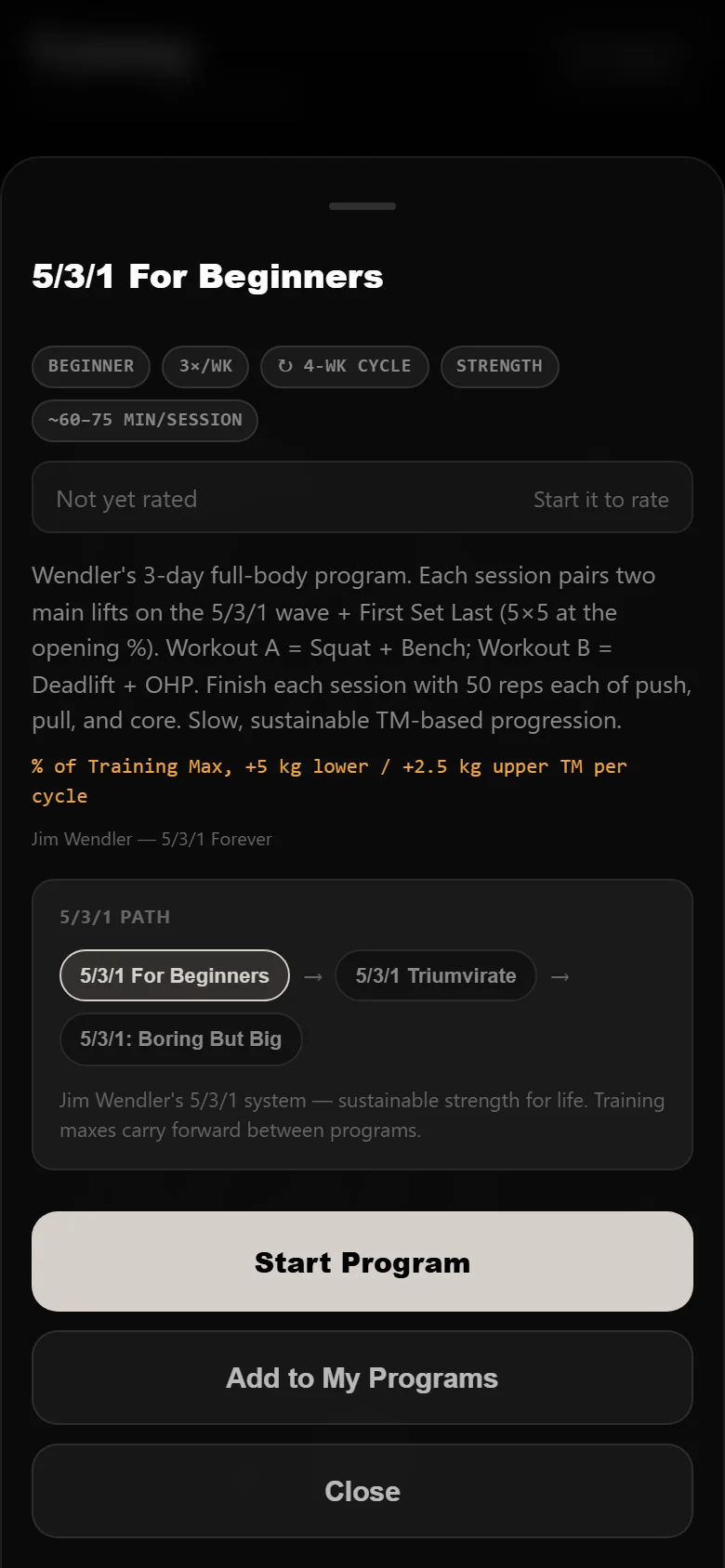 The 5/3/1 For Beginners program page in DropSet
