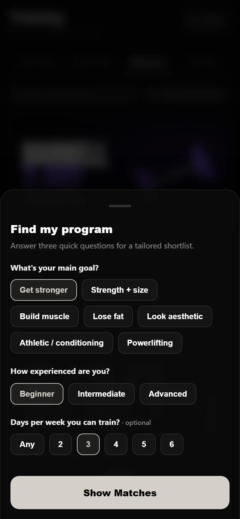 DropSet find-my-program quiz with get stronger, beginner and 3 days selected