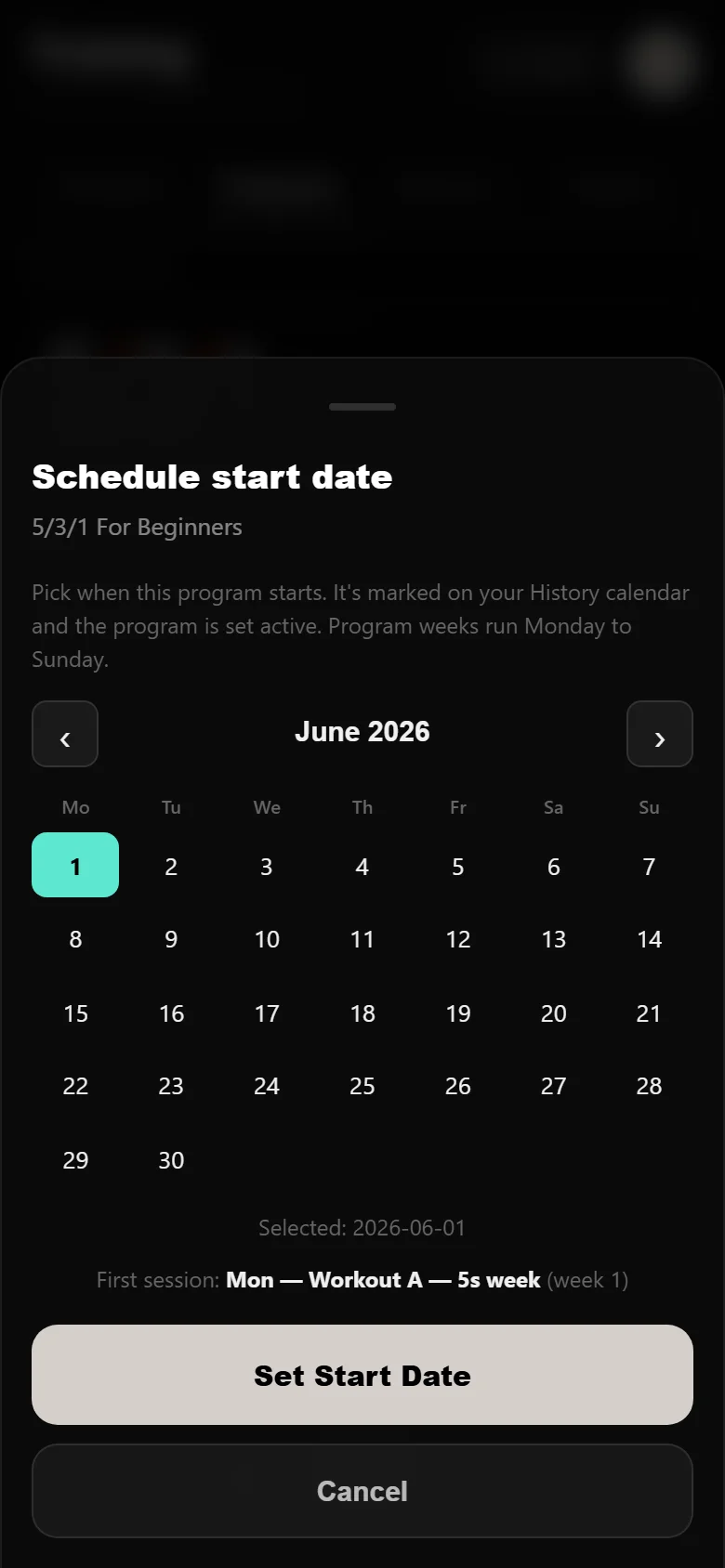 Scheduling the program start date on the DropSet calendar