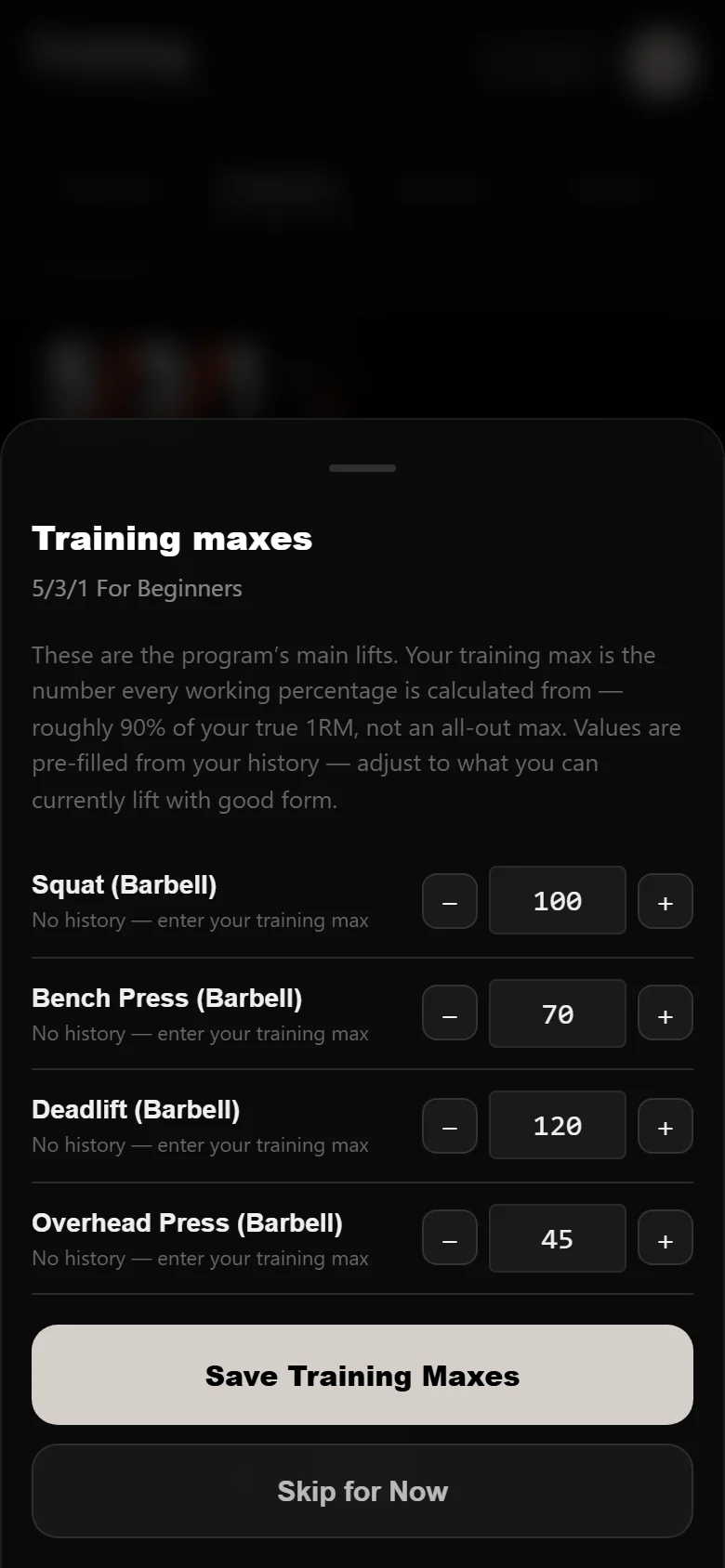 Setting training maxes per lift when starting a program in DropSet
