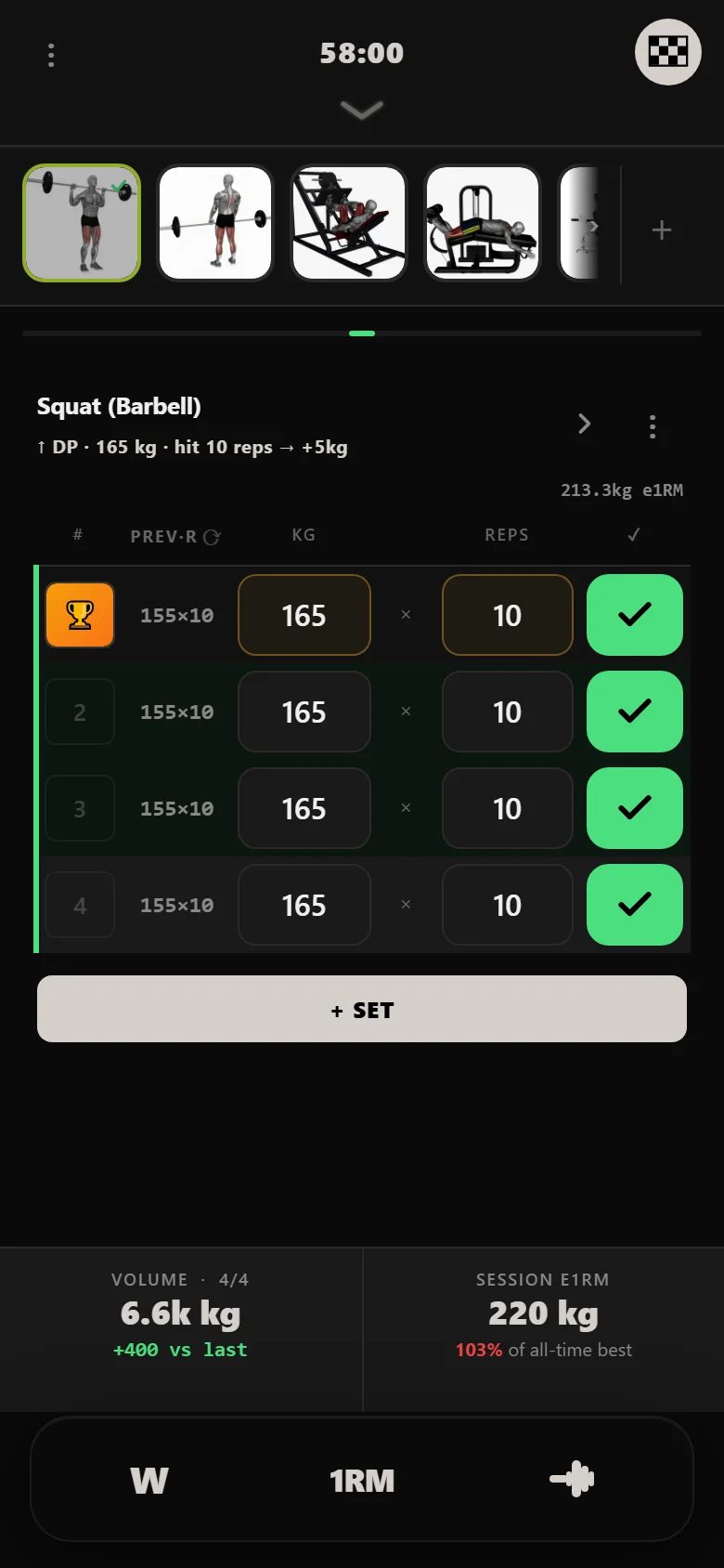 DropSet logger — squat at 165 kg on the last session of the block