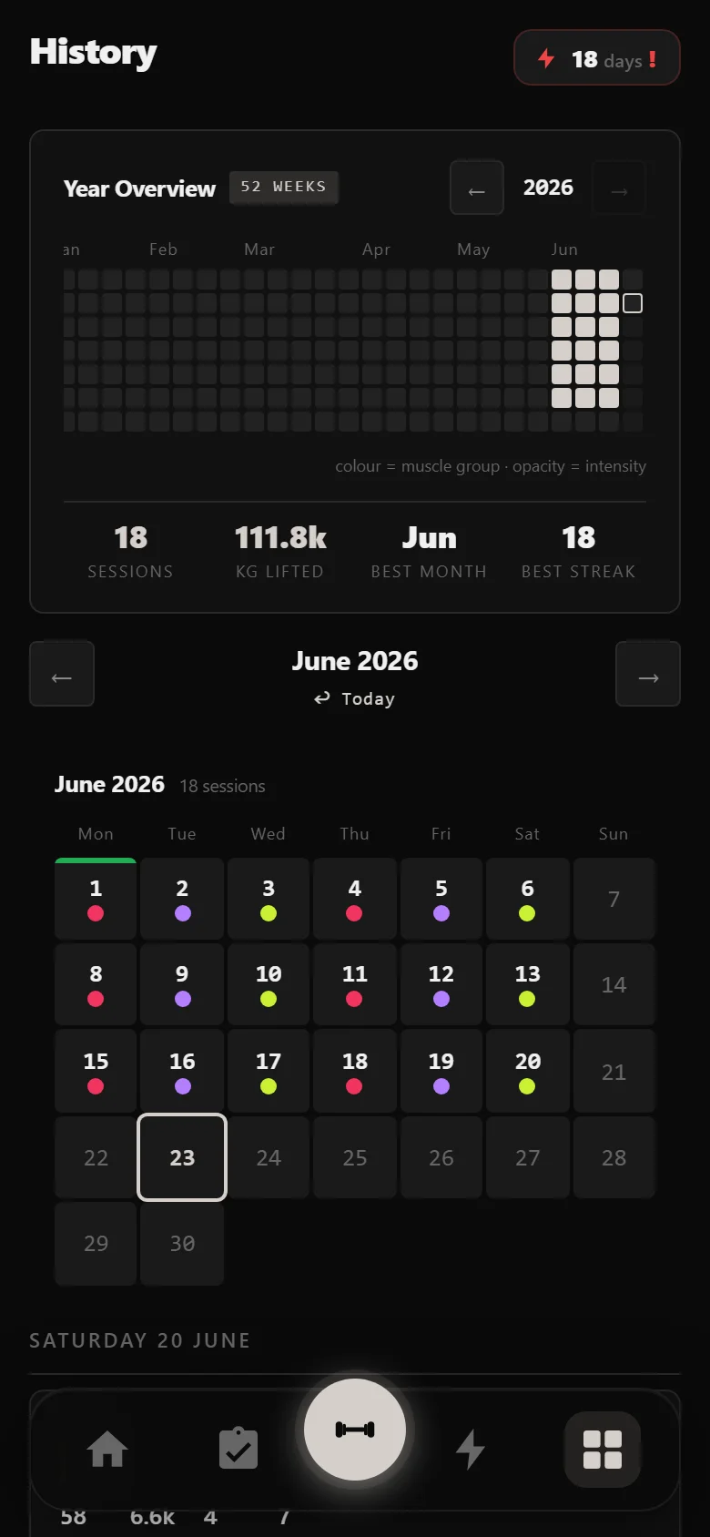 DropSet history showing three weeks of the Arnold Split, six sessions a week