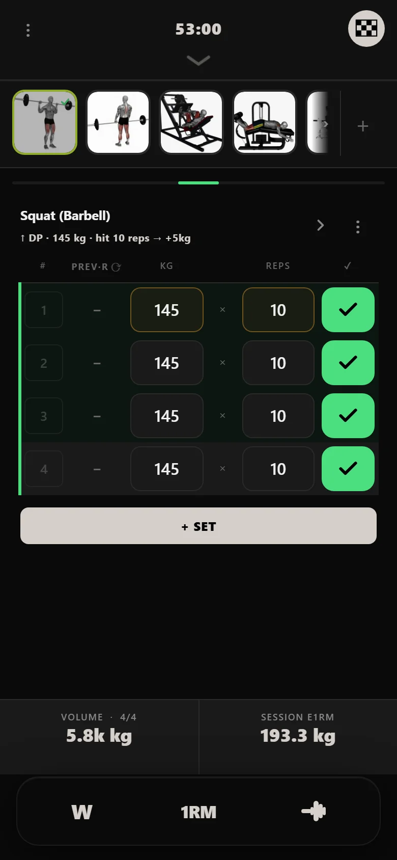 DropSet logger — squat at 145 kg on the first Legs day