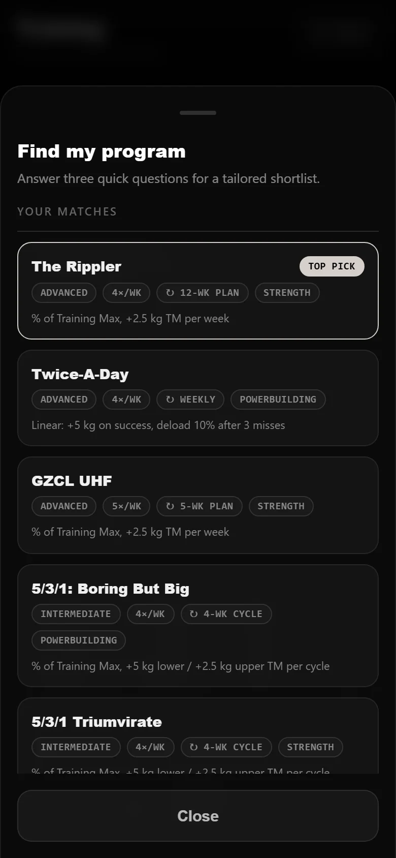 DropSet finder results with The Rippler as a top pick