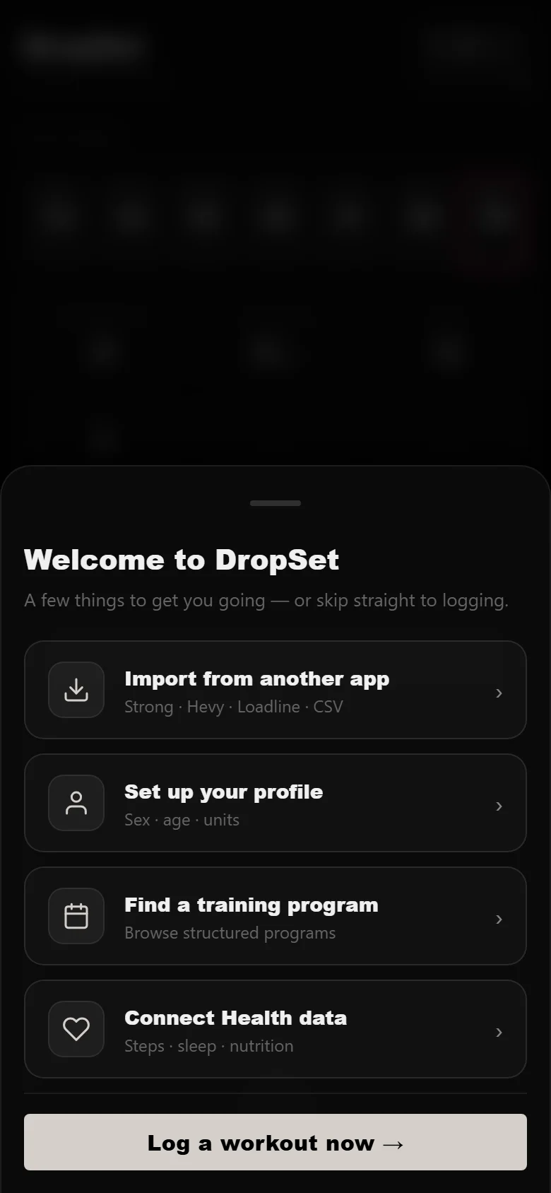 DropSet first-run onboarding sheet
