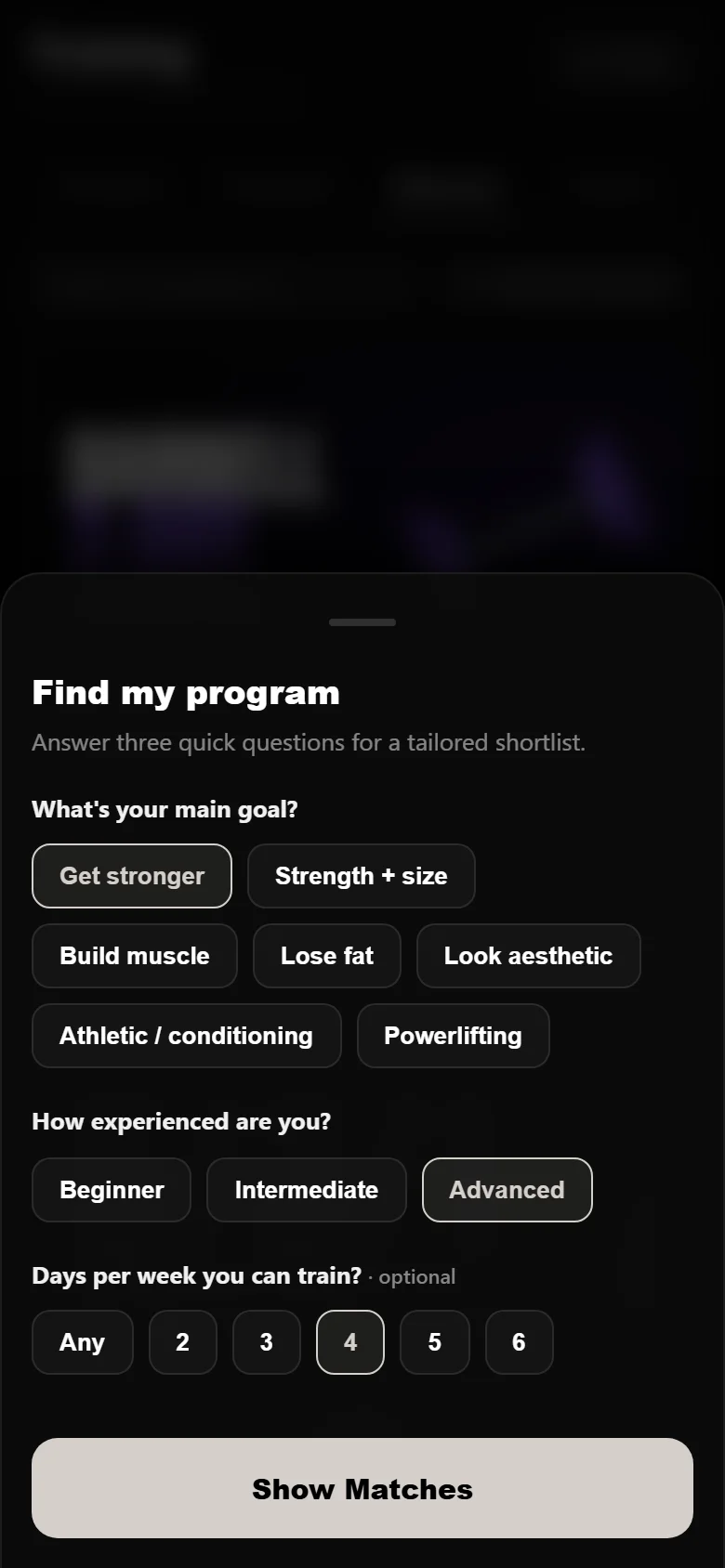 DropSet find-my-program quiz with get stronger, advanced and 4 days selected