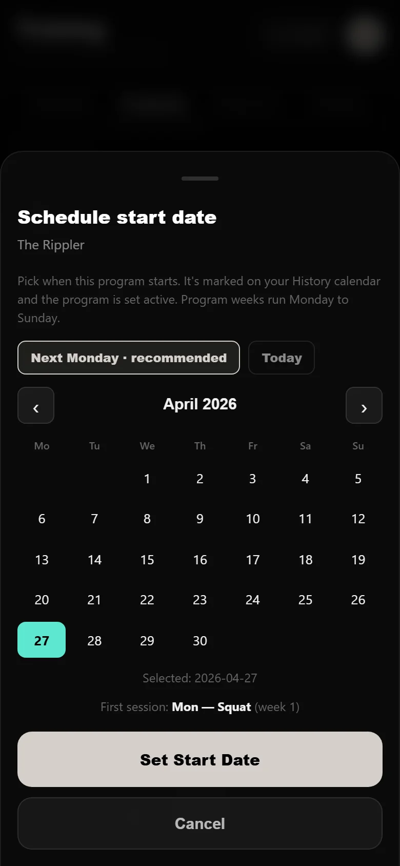 Scheduling The Rippler start date on the DropSet calendar