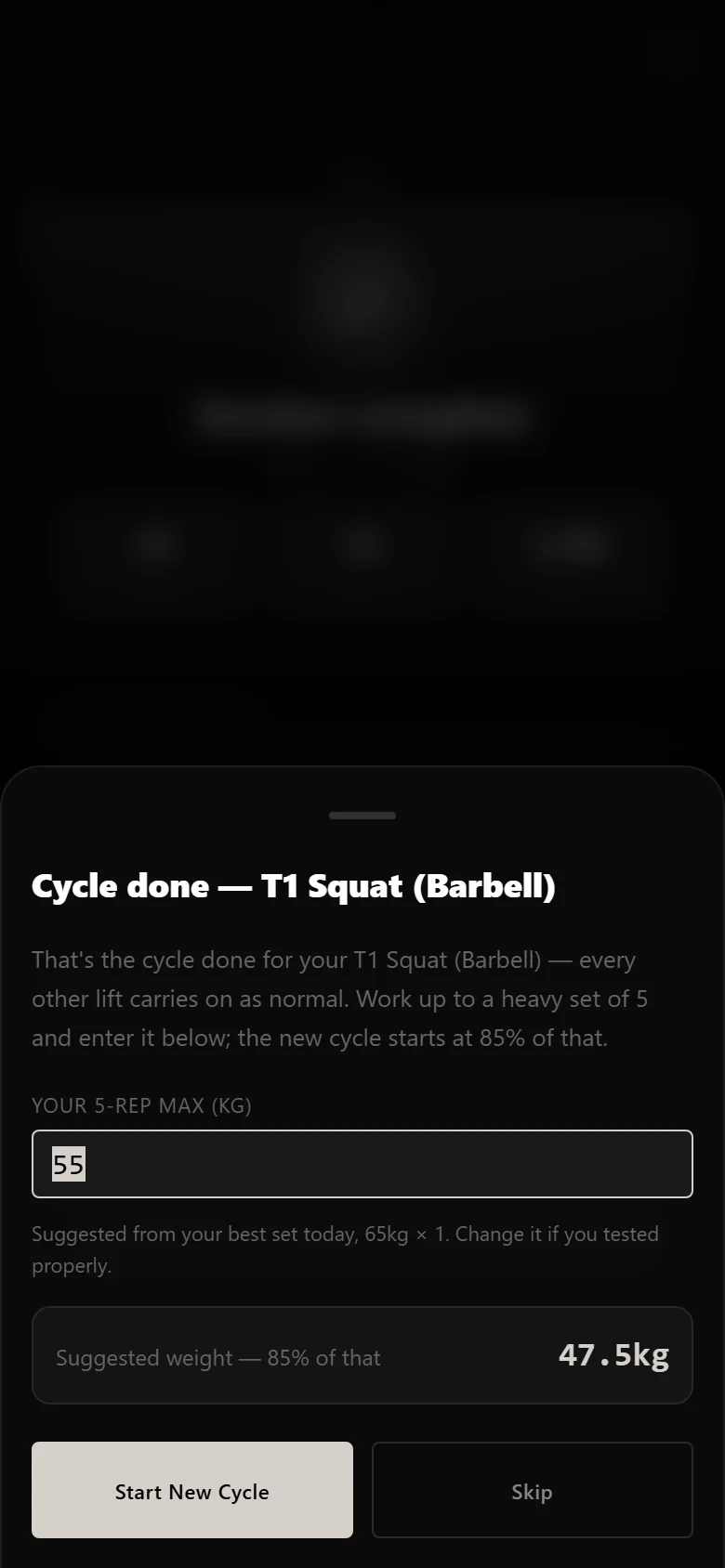 The GZCLP cycle-restart sheet in DropSet, showing an estimated five-rep max and a suggested restart weight at 85 percent