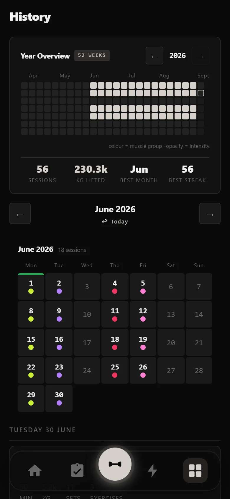 DropSet history showing twelve weeks of GZCLP sessions