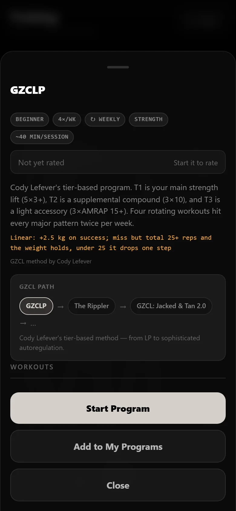 The GZCLP program page in DropSet showing the tier structure and four rotating sessions