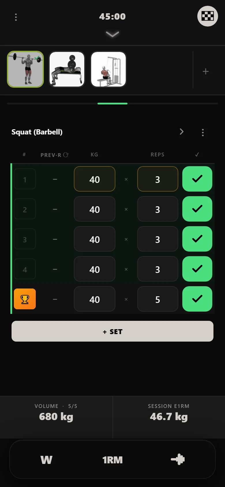 A GZCLP T1 squat session in DropSet at 60 kg, five sets of three with a final AMRAP set