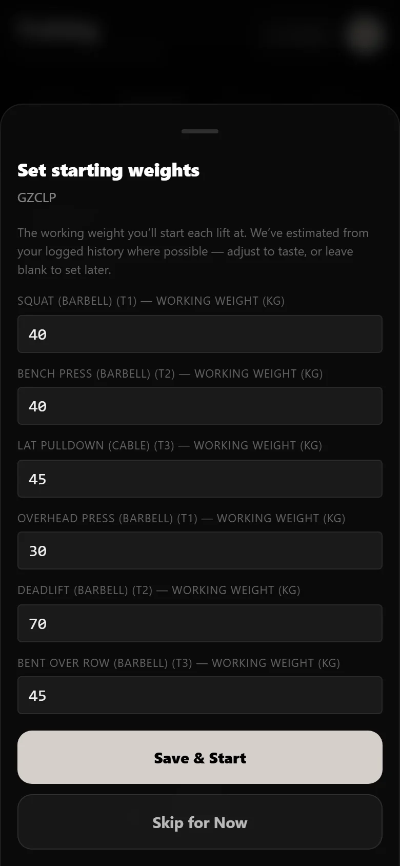 Setting starting working weights for GZCLP in DropSet, including the T1 and T2 main lifts