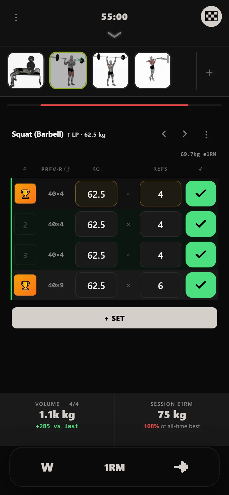 Ivysaur heavy squat day in DropSet at 62.5 kg where the AMRAP top set fell short of eight reps, so the weekly increment stayed standard