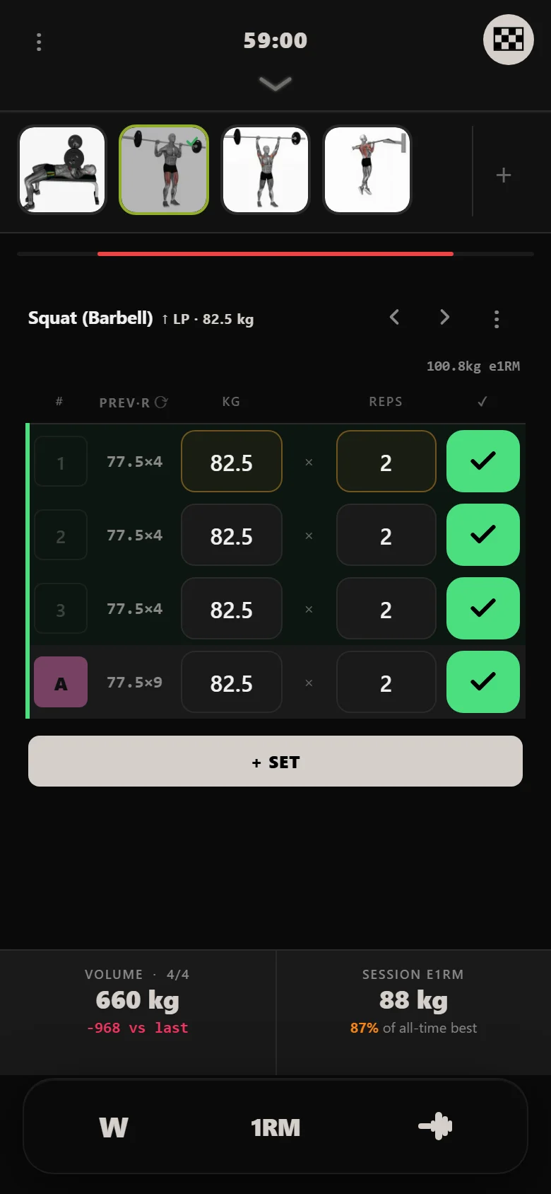 DropSet applying an automatic 10 percent deload after two failed Ivysaur squat weeks, dropping the squat from 100 kg to 90 kg
