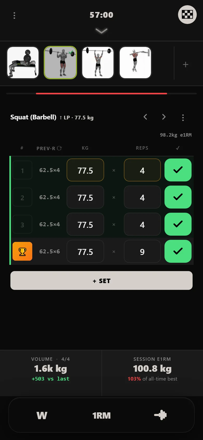 Ivysaur heavy squat day in DropSet at 77.5 kg with a nine-rep AMRAP top set that doubles the next weekly jump to fifteen kilos