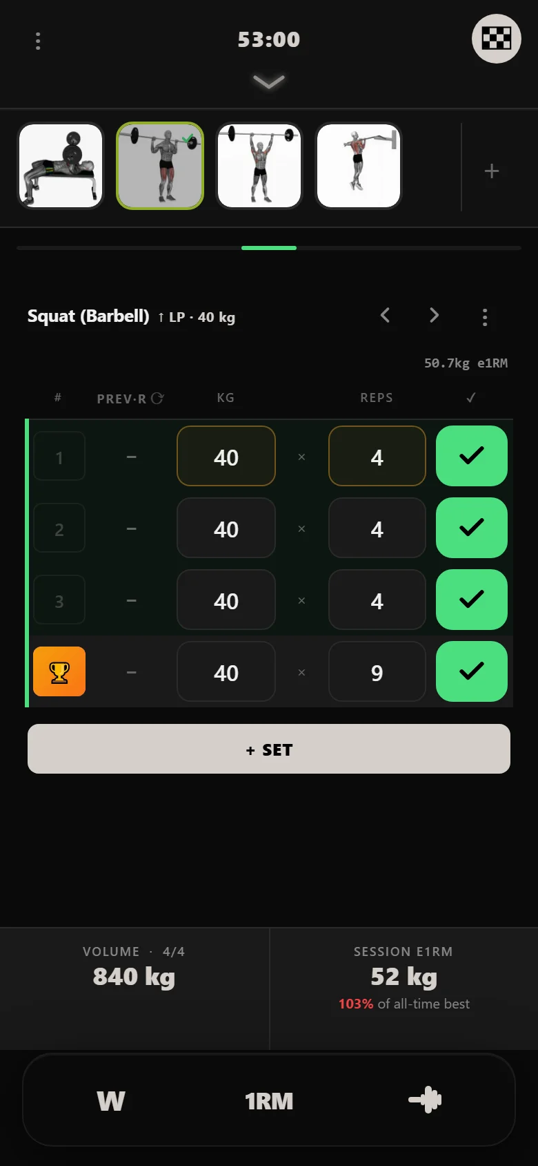 Ivysaur 4-4-8 heavy squat session in DropSet at 40 kg with the weekly linear-progression chip visible