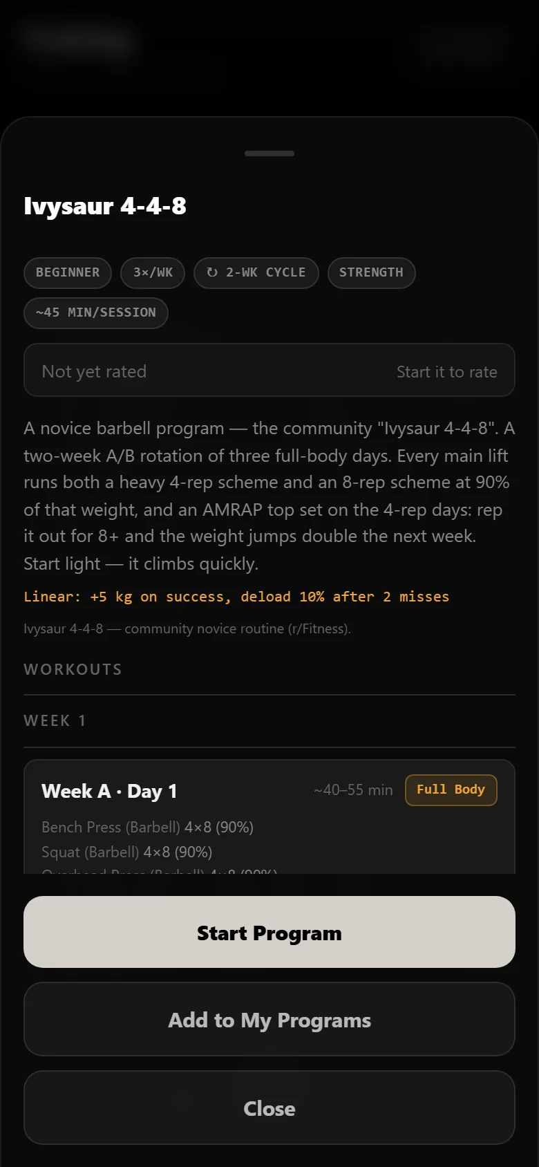 DropSet finder results with Ivysaur 4-4-8 as the top pick for a beginner barbell profile