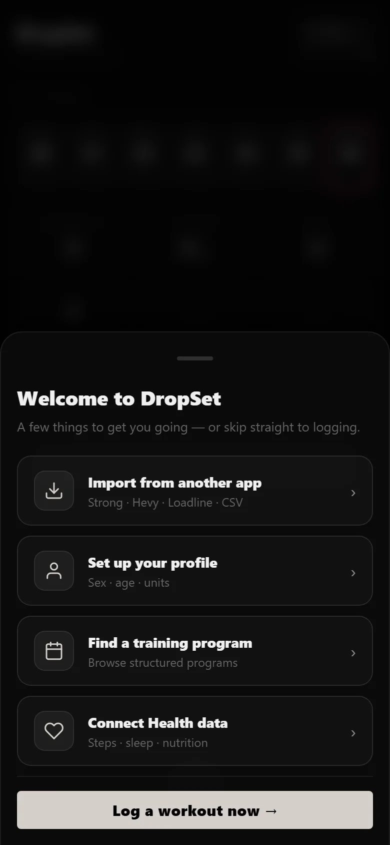 DropSet first-run onboarding sheet