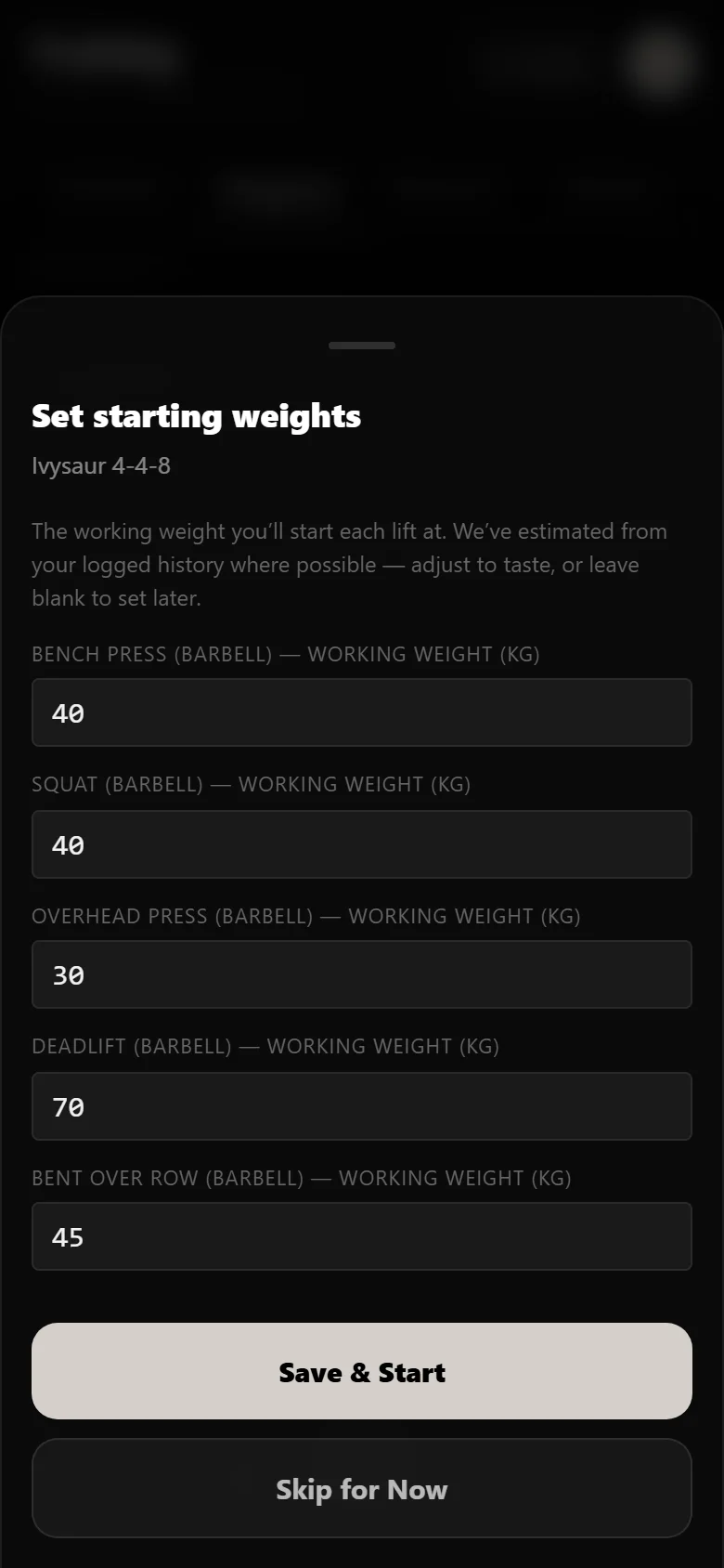 Setting starting working weights when beginning Ivysaur 4-4-8 in DropSet, squat at 40 kg