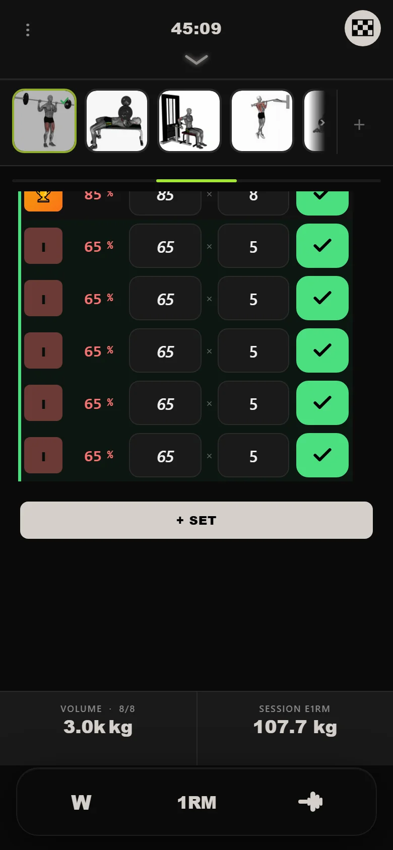 DropSet logger — cycle 1 week 1 squat, top set 85 kg
