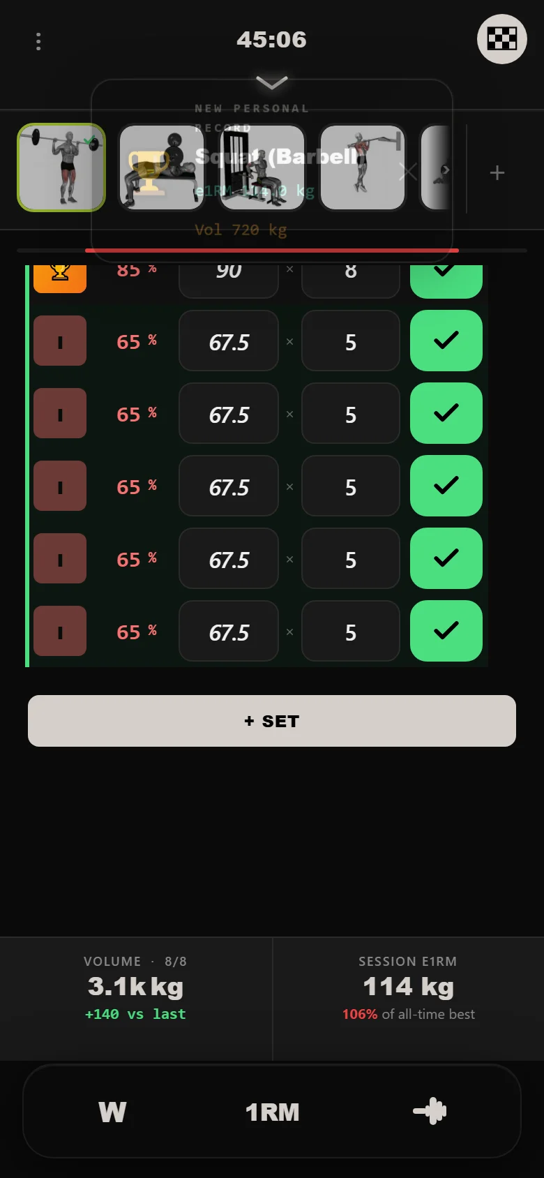 DropSet logger — cycle 2 week 1 squat, top set 90 kg, a fresh PR
