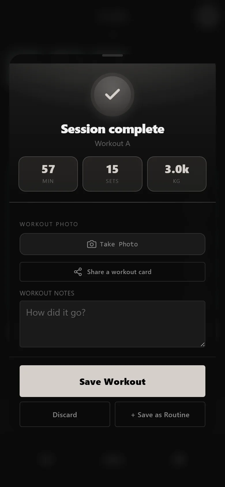 DropSet session complete screen for a novice 5x5 workout