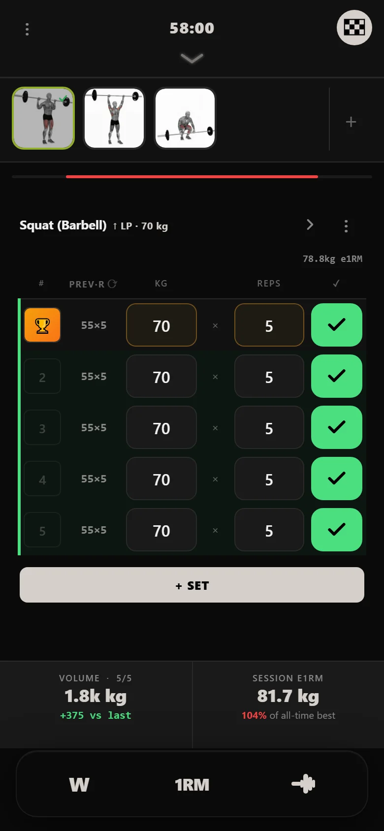 DropSet logger — novice 5×5 squat, session eighteen, 70 kg on 5×5
