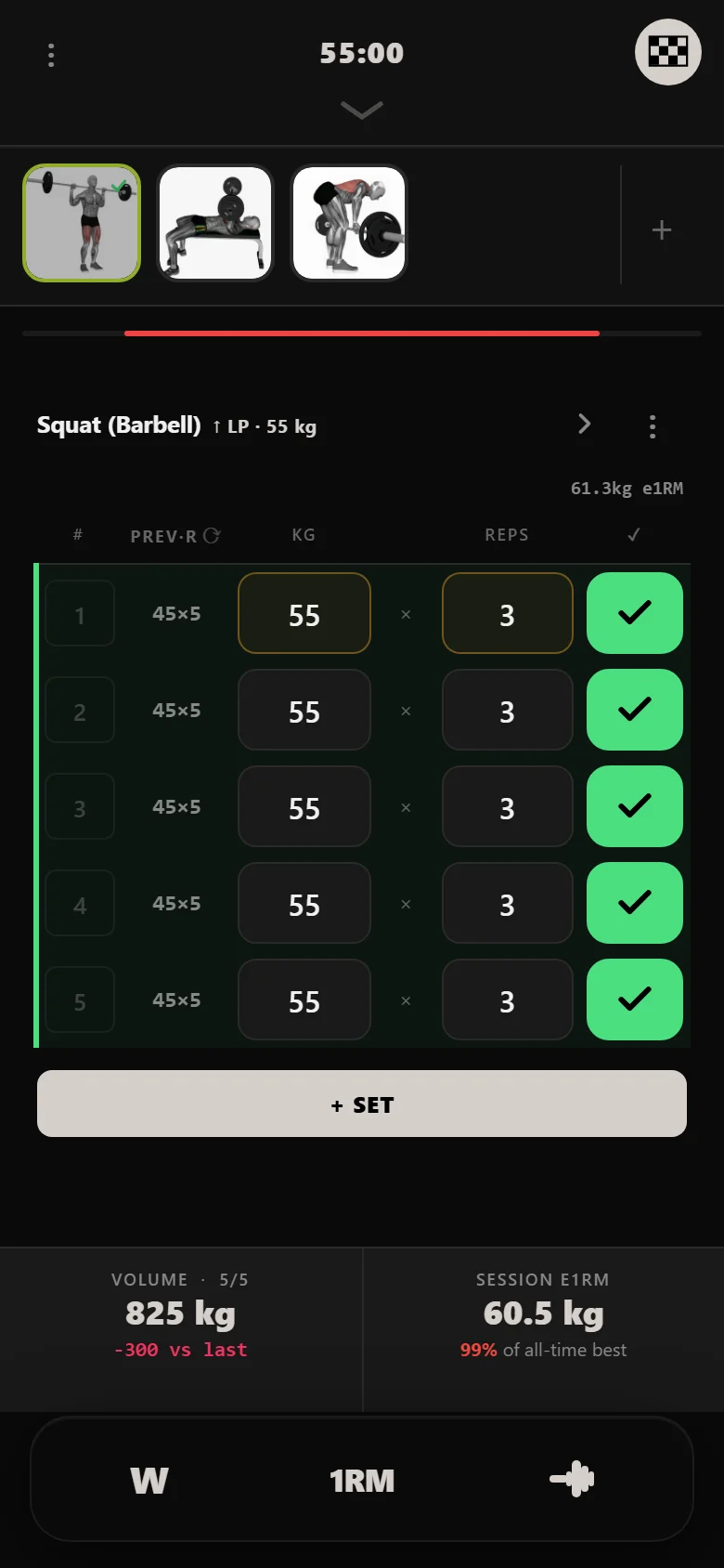 A missed novice 5x5 squat session in DropSet: 55 kg for 3 reps on all five sets