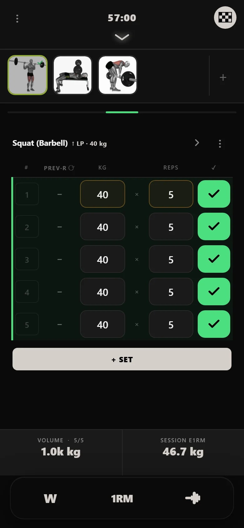 Novice 5x5 squat session in DropSet at 40 kg