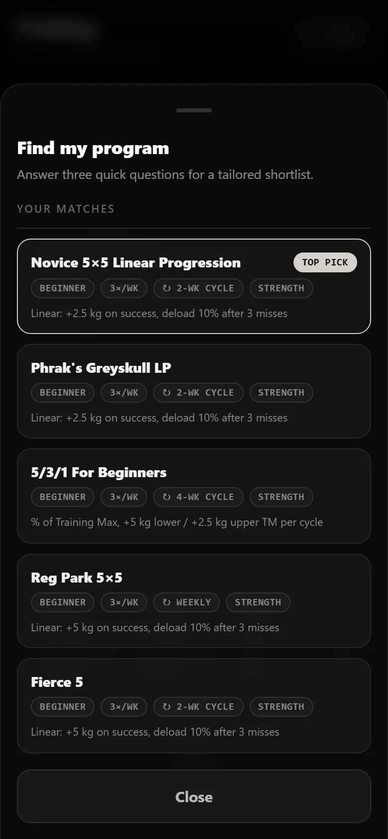 DropSet finder results for a beginner strength profile