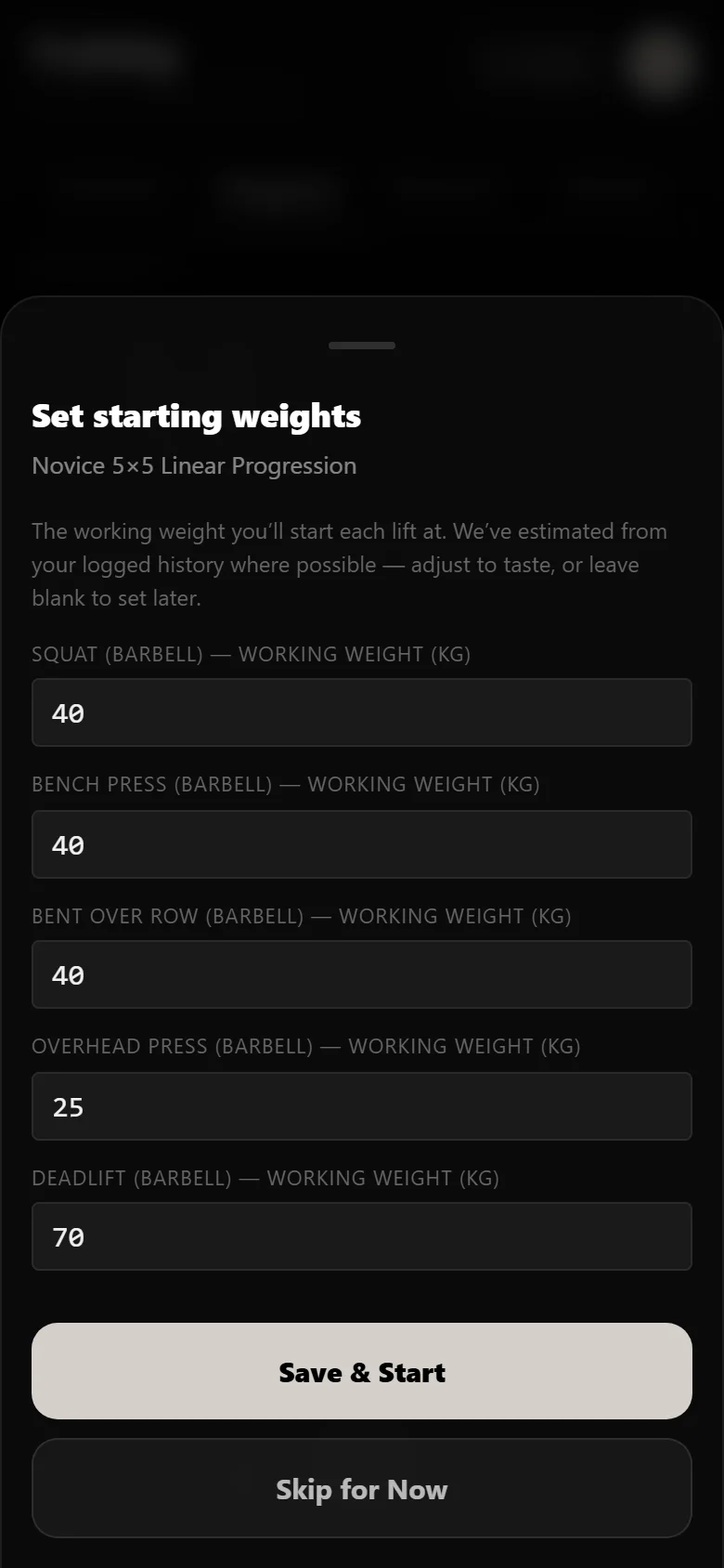 Setting starting working weights for a novice 5x5 in DropSet, squat at 40 kg