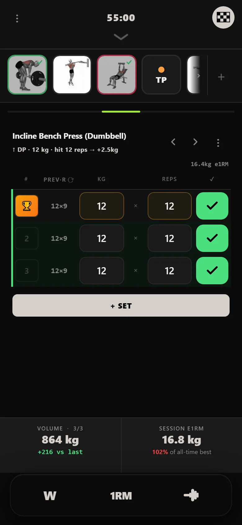 Double progression on incline dumbbell press in DropSet: 3 sets of 12, with the rule to add 2.5 kg shown