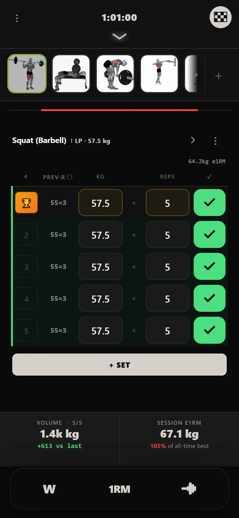 Squat at 57.5 kg in DropSet, above the 55 kg that previously stalled the lifter