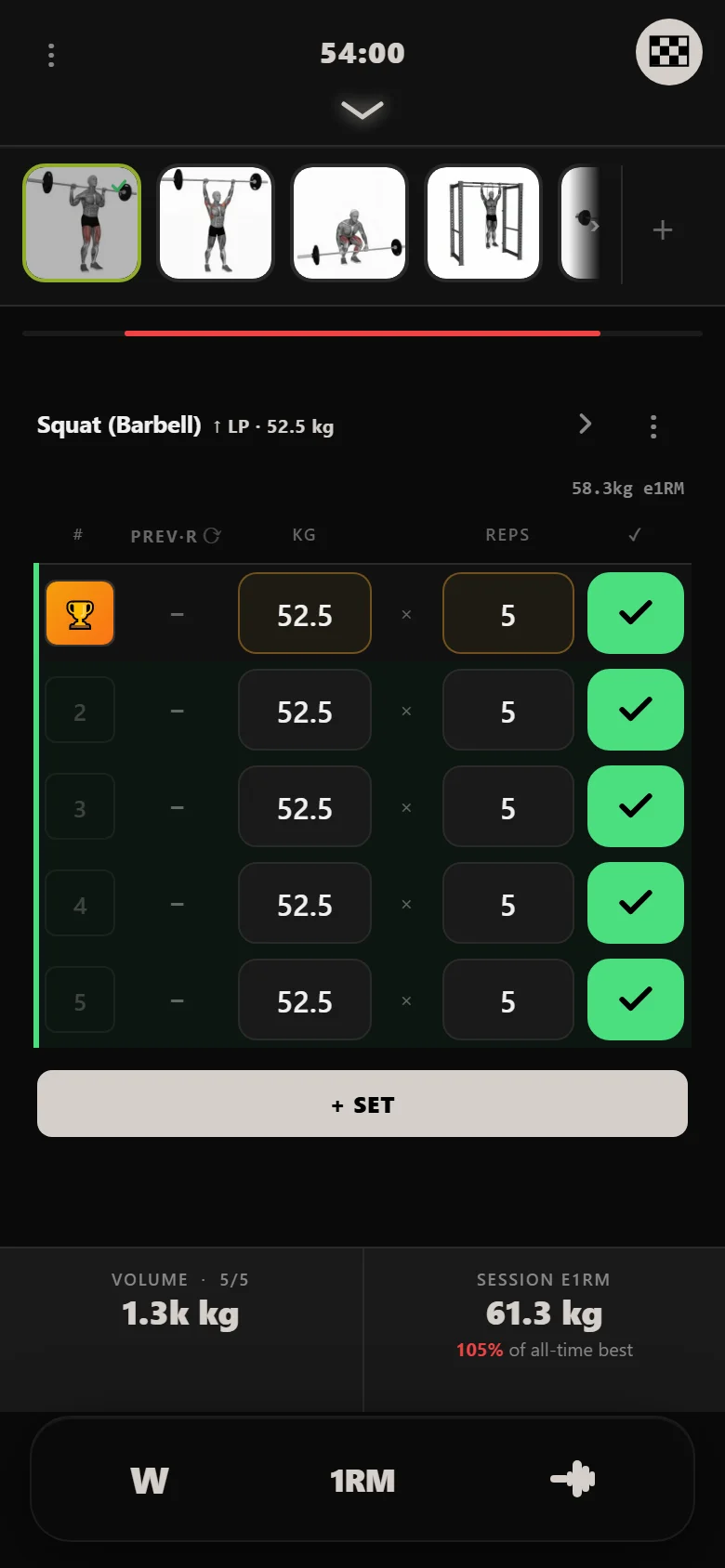 5x5 squat at 52.5 kg after six sessions of linear progression in DropSet