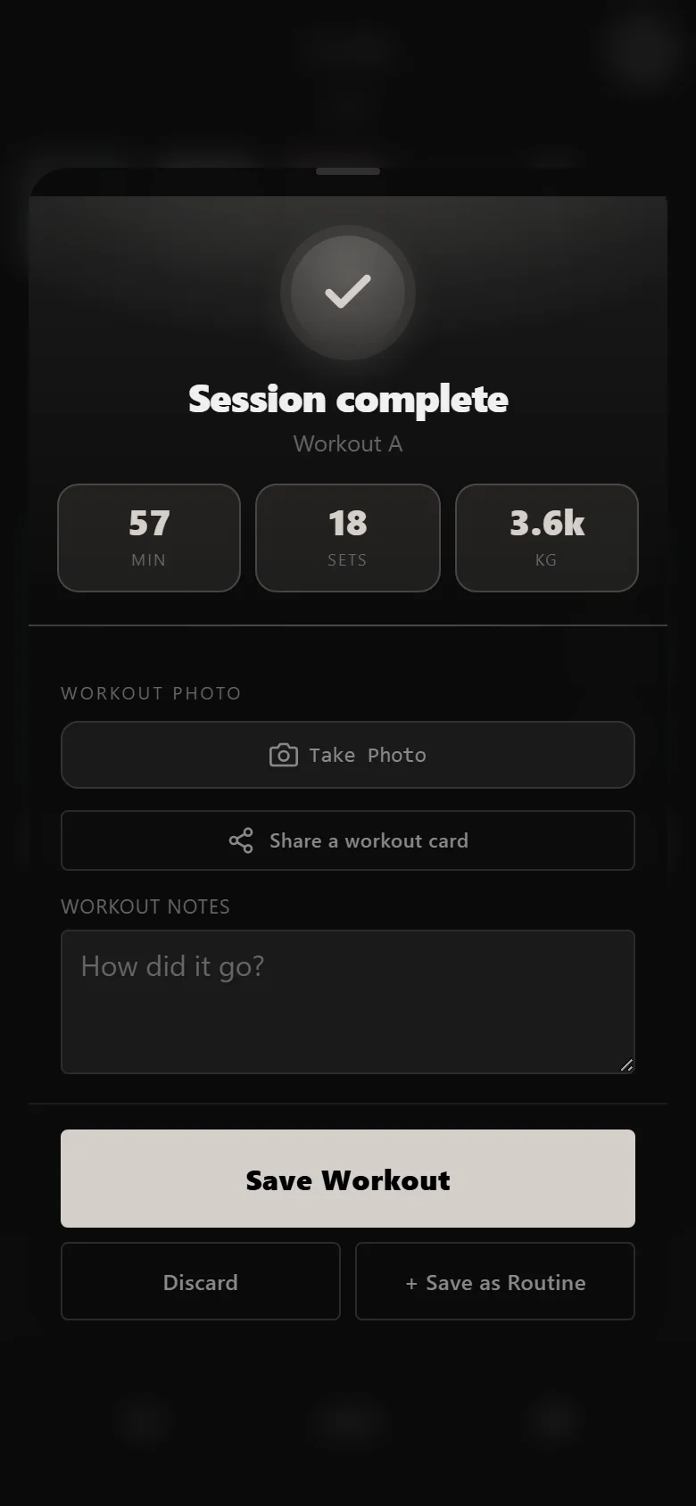 DropSet session complete screen for a 5x5 workout