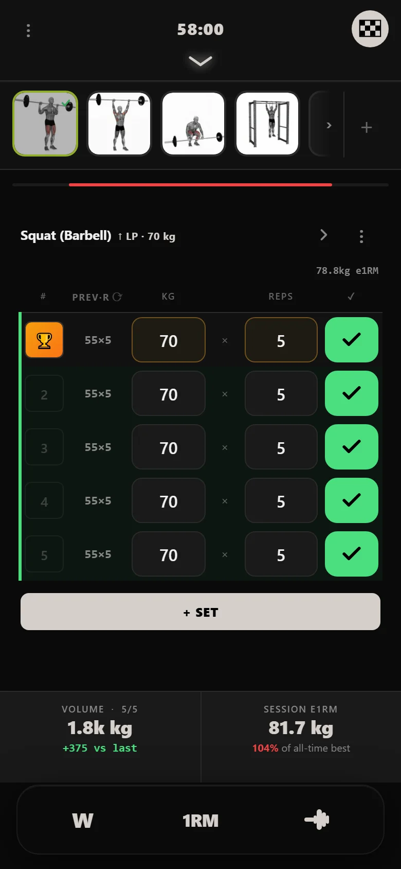 DropSet logger — 5×5 squat, 70 kg on the bar, above the weight that stalled the first run