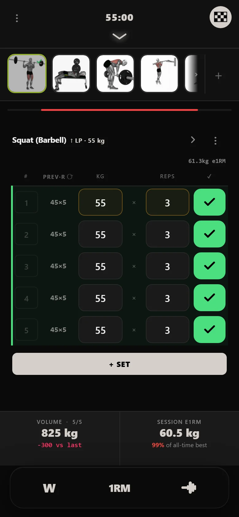 A missed 5x5 squat session in DropSet: 55 kg for 3 reps on all five sets, volume 0 vs last