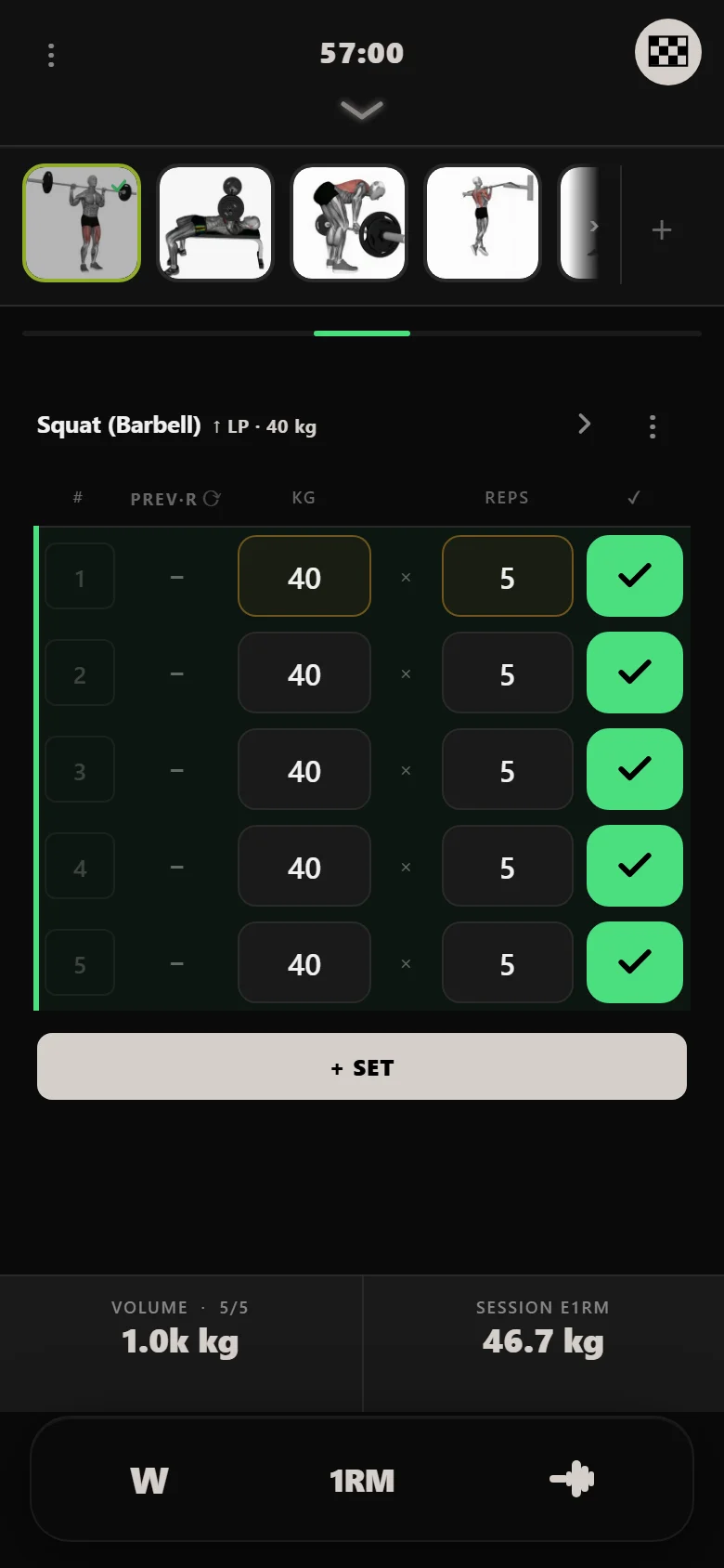5x5 squat session in DropSet at 40 kg with the LP chip visible