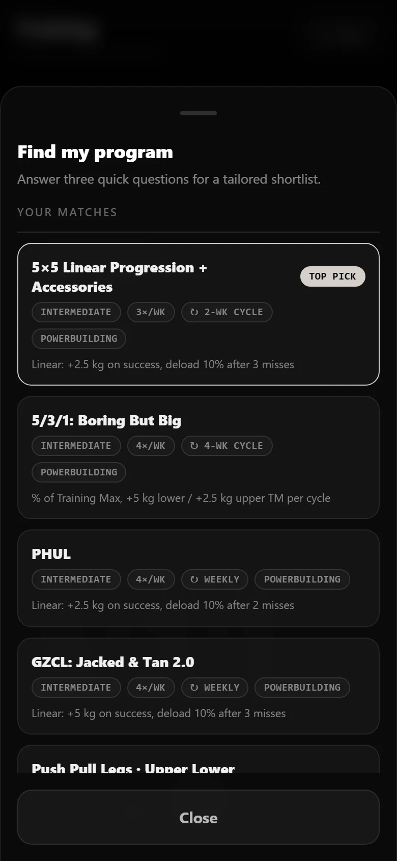 DropSet finder results for a powerbuilding profile