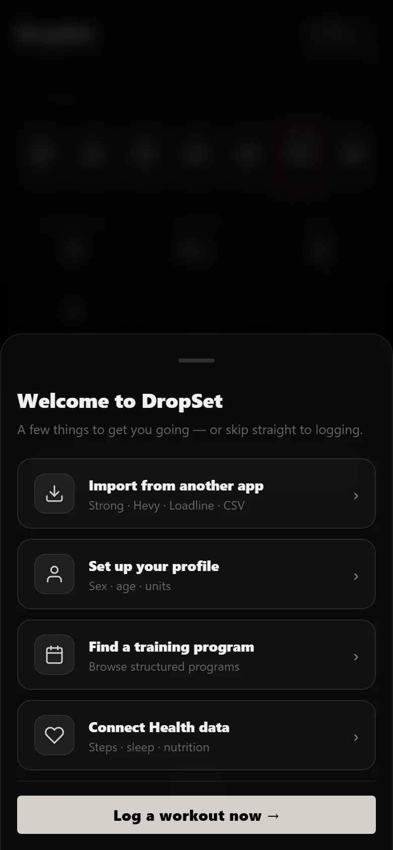 DropSet first-run onboarding sheet