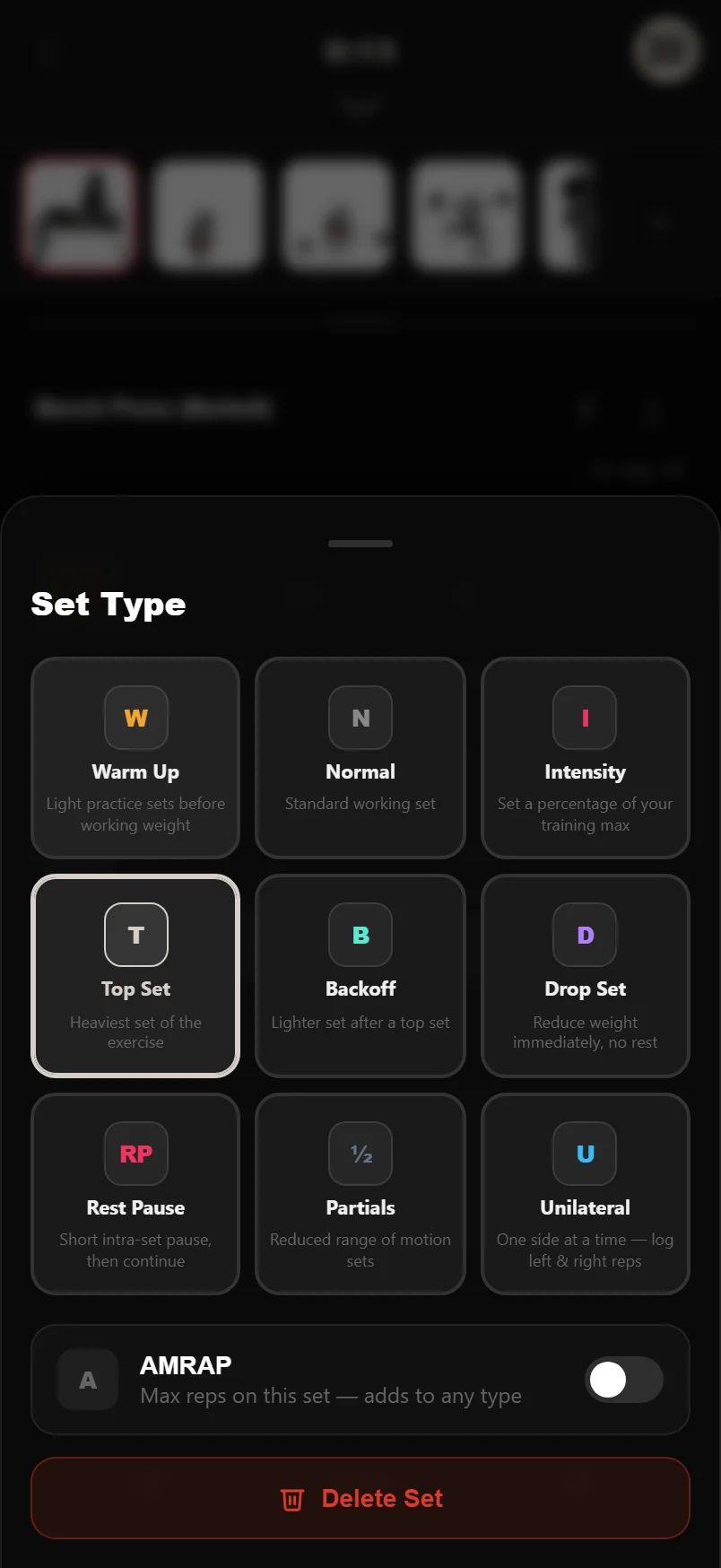 The set-type picker in the DropSet logger, opened by tapping a set's number badge