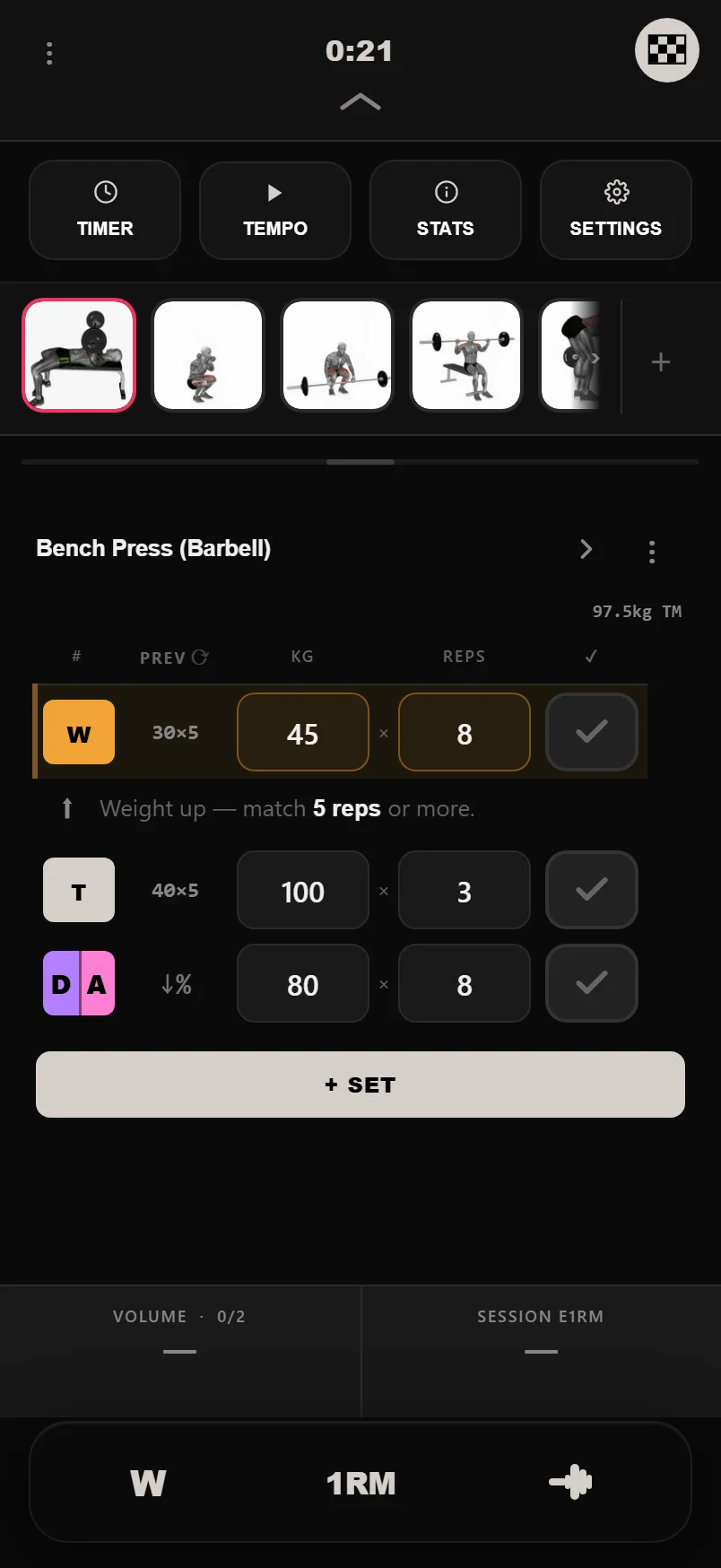 The logger tool tray pulled down over a live workout, showing Timer, Tempo, Session Stats and Settings buttons